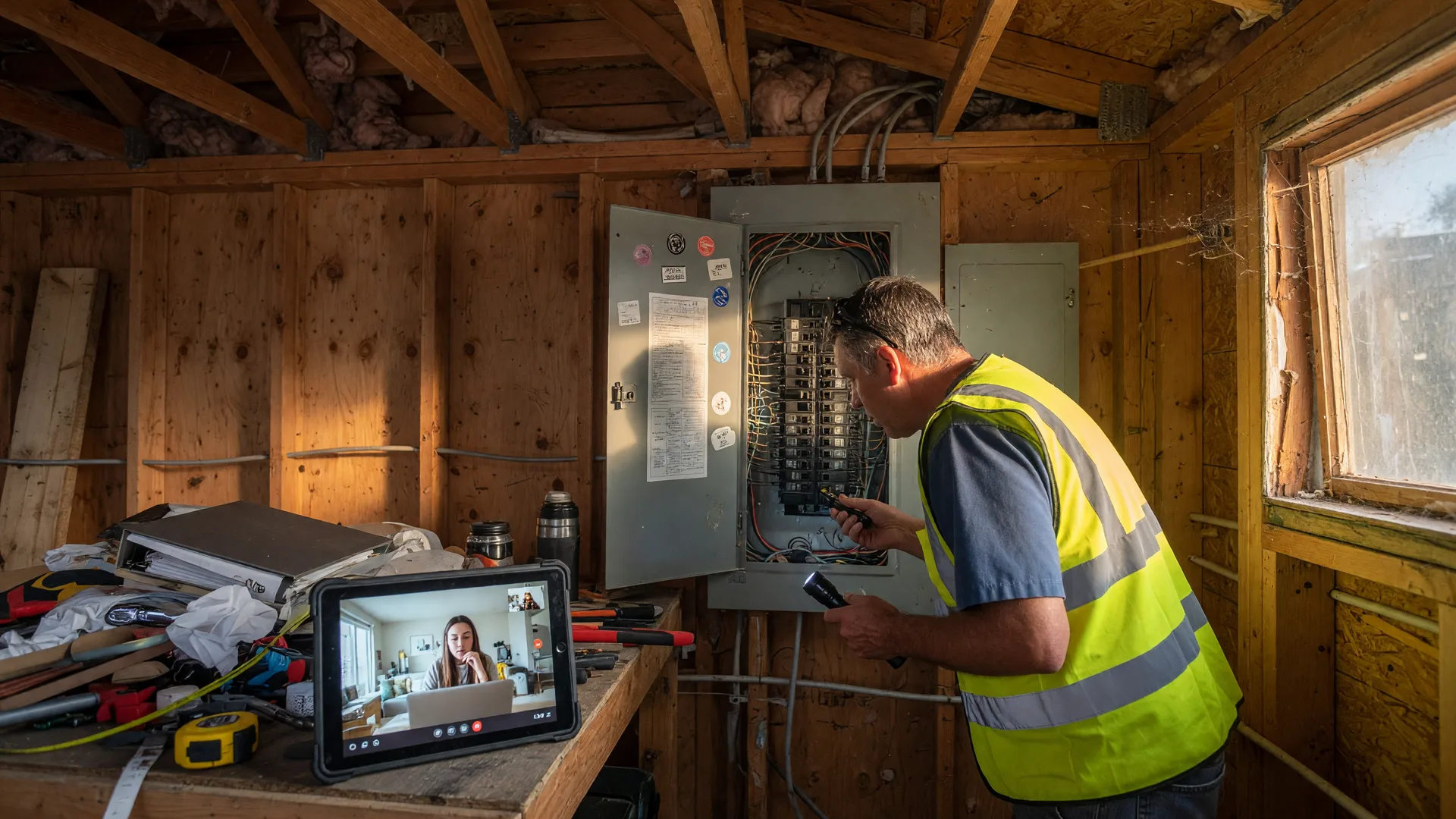 Home inspector checking electrical panels while a remote buyer watches via live video call on a tablet