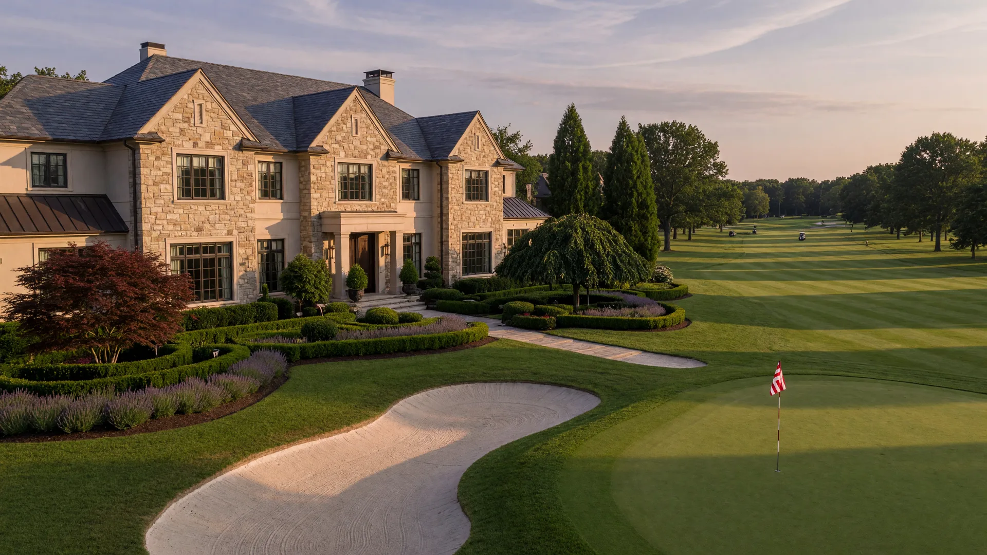 Elegant custom estate home beside a manicured golf course fairway in the Laurel Creek community