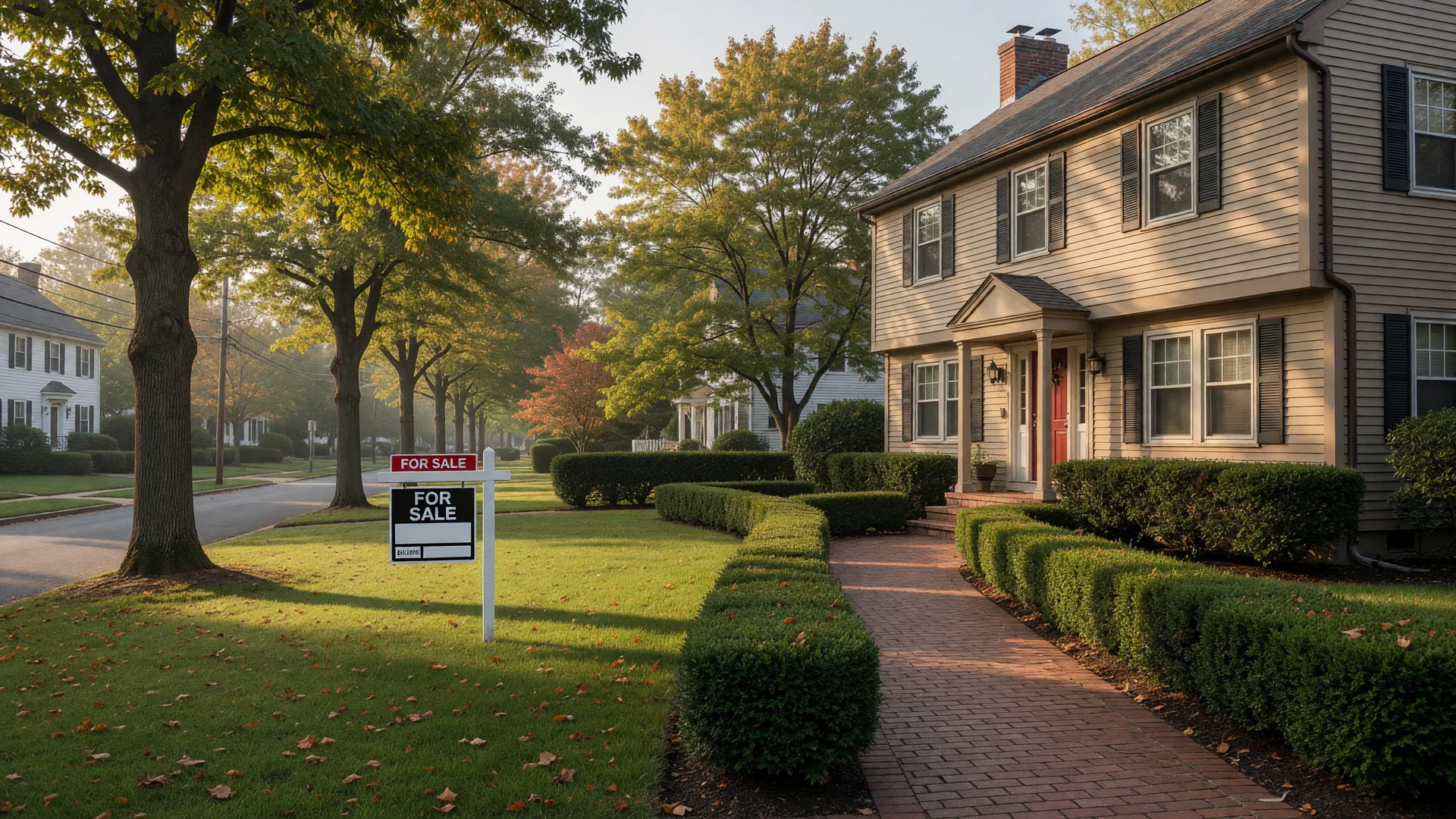 Classic colonial home in Essex County New Jersey with a for-sale sign on an early autumn morning