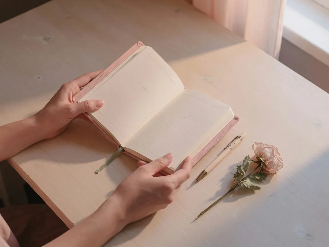 A woman's hands holding an open notebook on a cream desk with a pen and dried flower, soft natural light