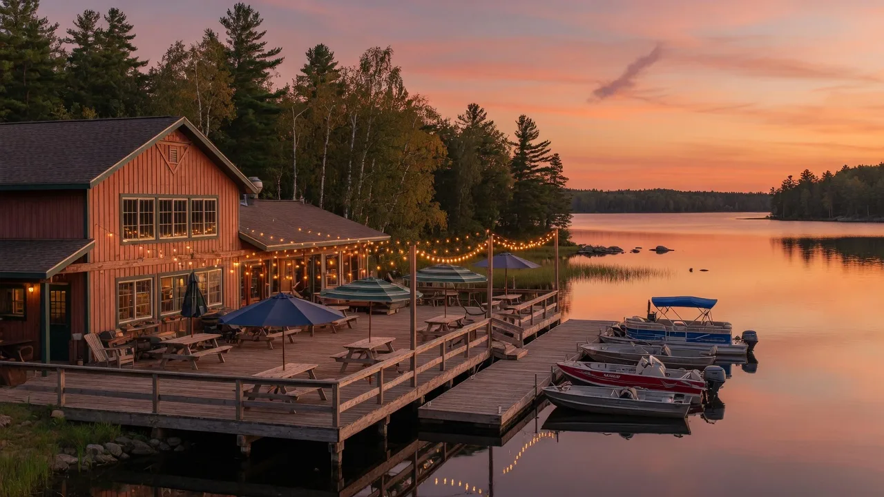 Lakeside restaurant deck with tables, string lights, and boats moored at the dock