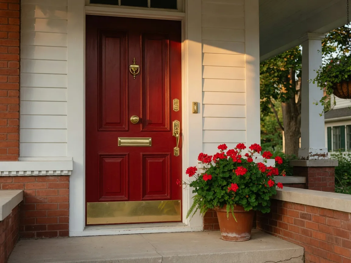 A freshly painted red front door with brass hardware