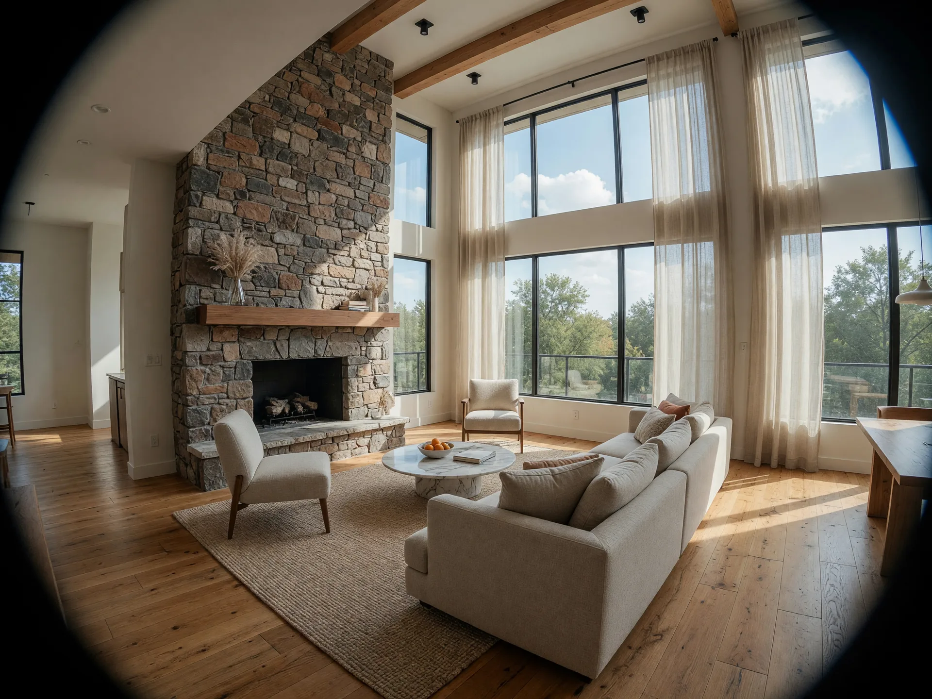 Immersive 360 virtual tour interior view of a modern living room