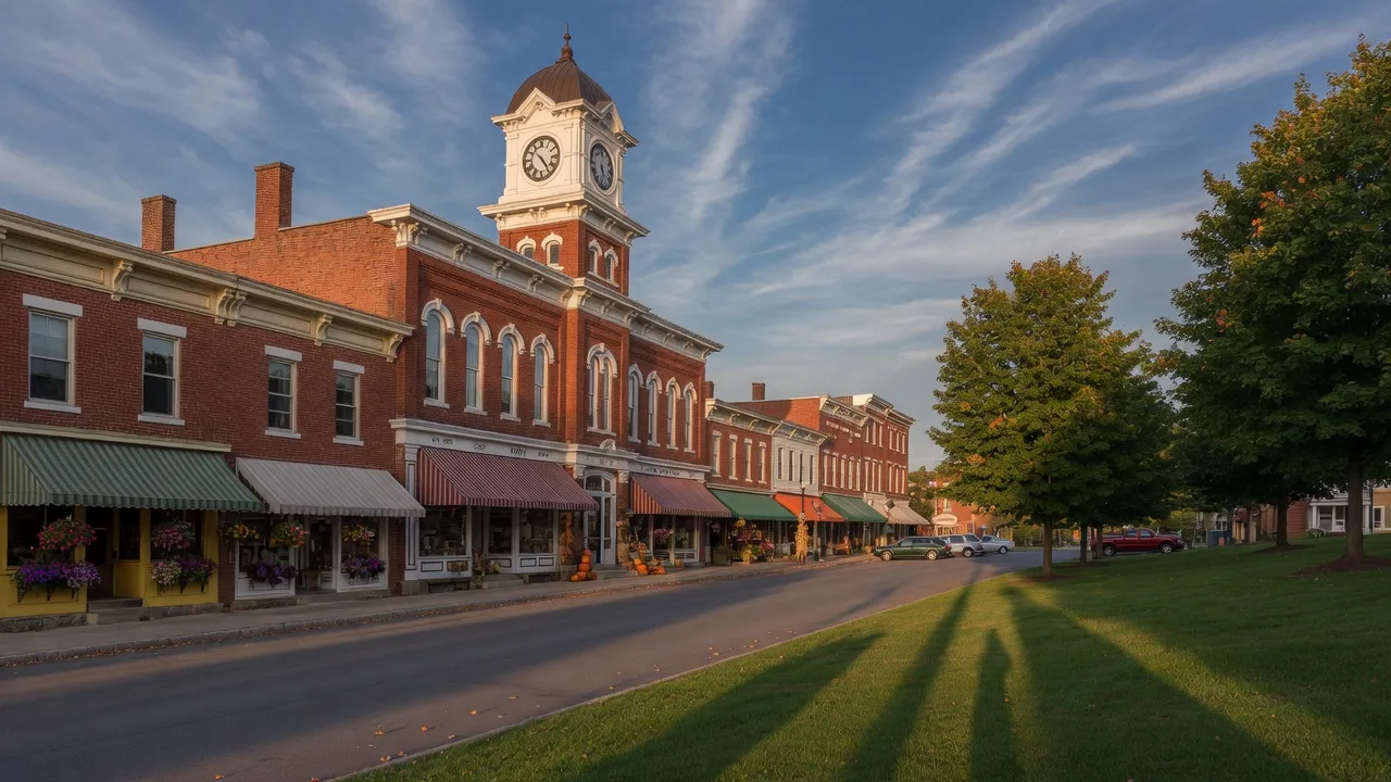 The historic red brick municipal building and Main Street in Warwick, NY on a late-summer afternoon