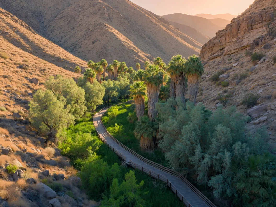 Boardwalk trail through fan palms and wetland vegetation at Big Morongo Canyon Preserve