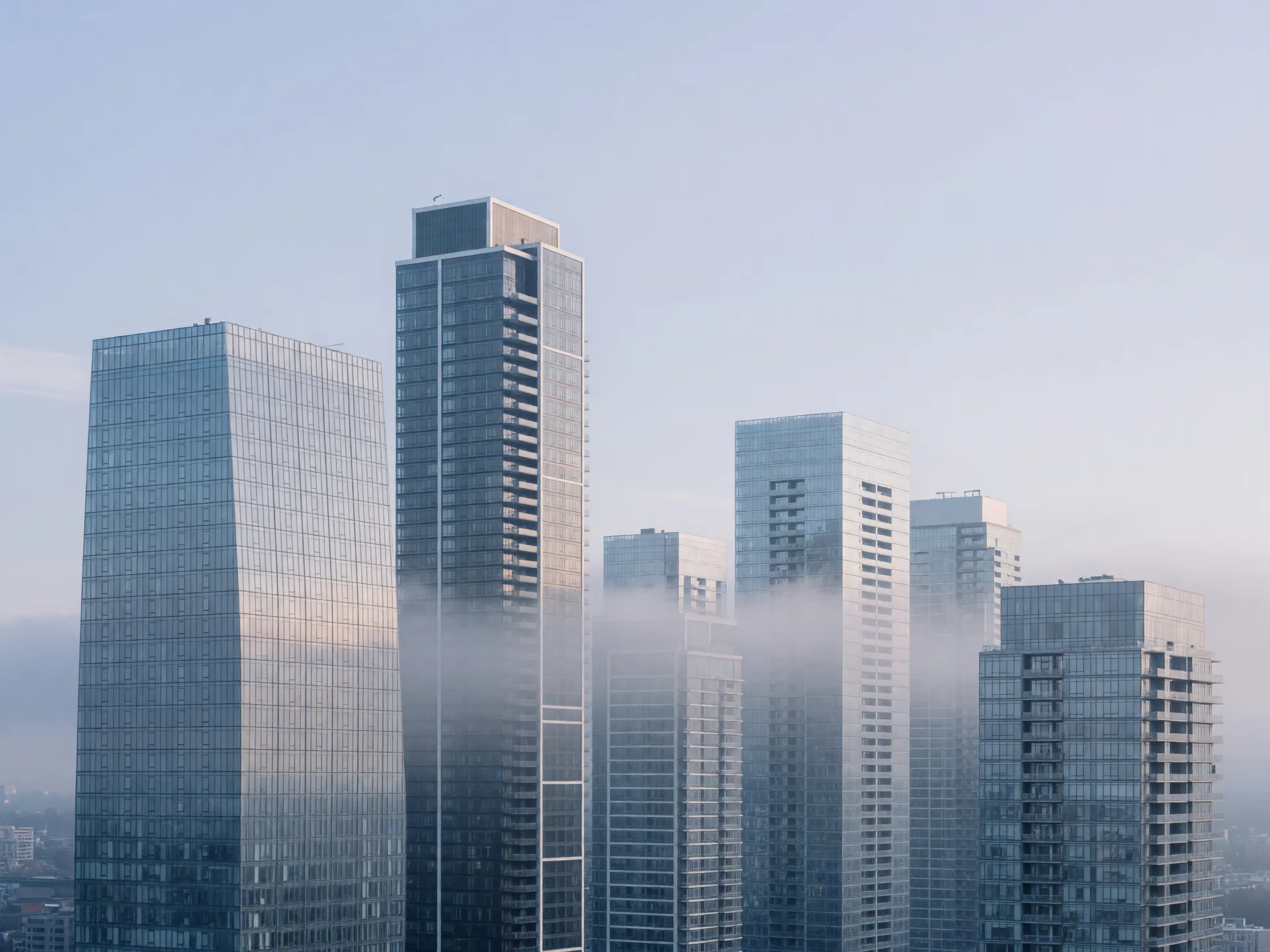 A modern skyline of glass office towers in soft morning light, representing brokerage-scale growth