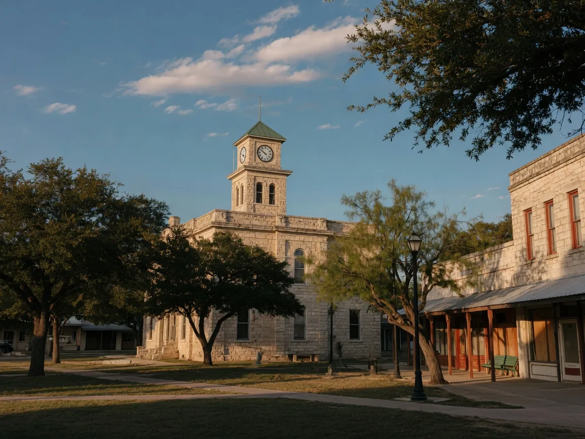 Historic limestone county courthouse with a modest clock tower on a tree-shaded square in a quiet small Texas Hill Country town