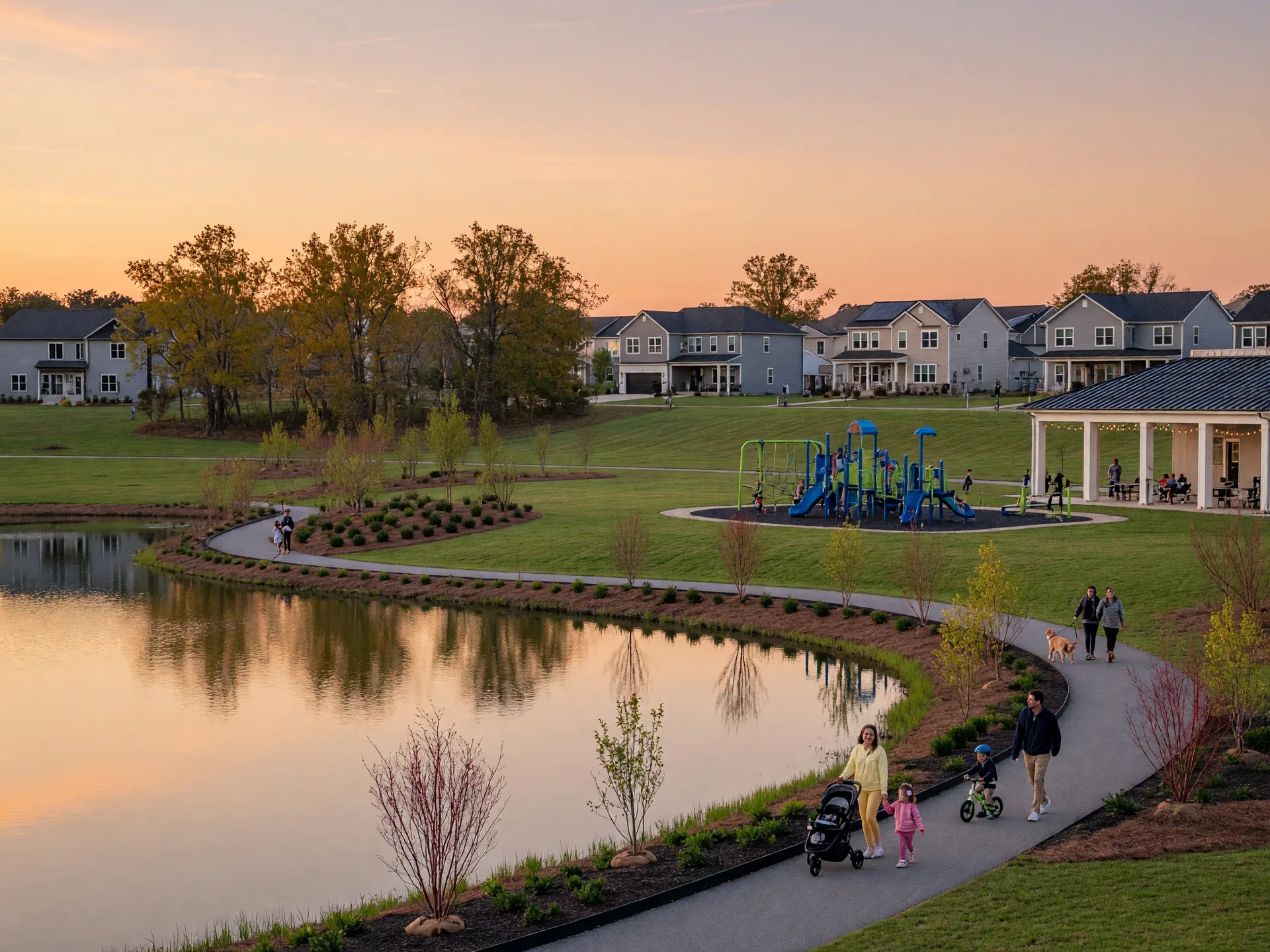 Master-planned community in Prince William County with a scenic lake, walking paths, families enjoying outdoor amenities, and new homes in the background during golden hour