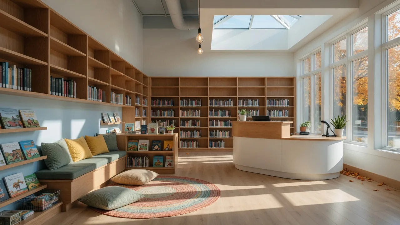 The bright new interior of the renovated Euclid Public Library with oak shelving, a children's nook, and a skylit circulation desk