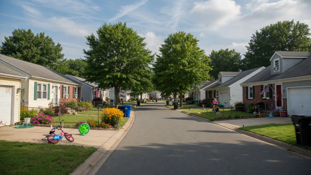 Tree-lined street with affordable ranch and Cape Cod homes in a South Jersey neighborhood