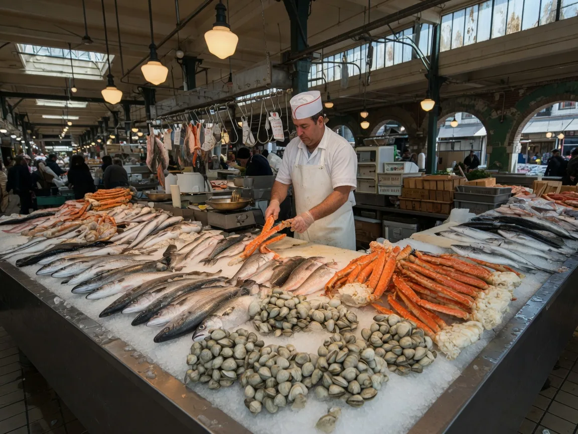 A bustling seafood market stall inside a historic indoor market hall, fresh whole fish, crab legs, and clams displayed on crushed ice over a stainless counter
