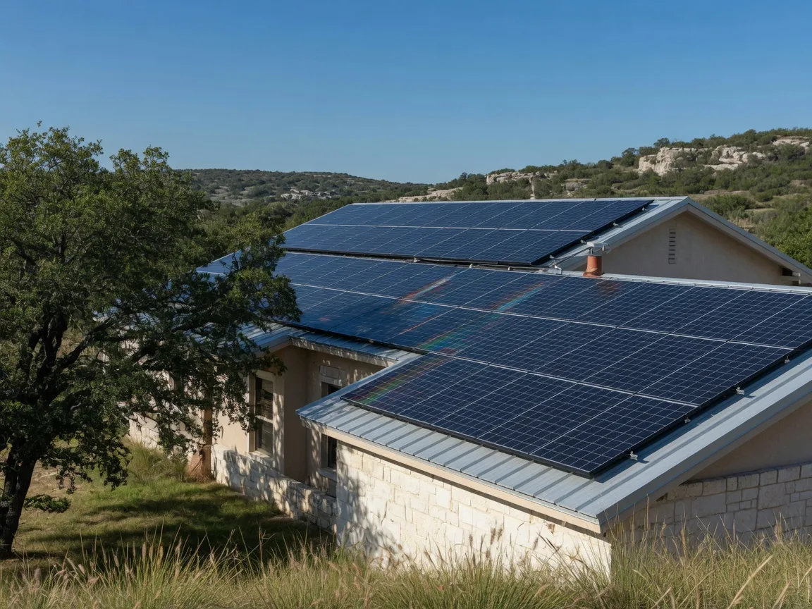 Rooftop solar panels on a Hill Country home, representing the lease or PPA agreement a seller must document and transfer to the buyer