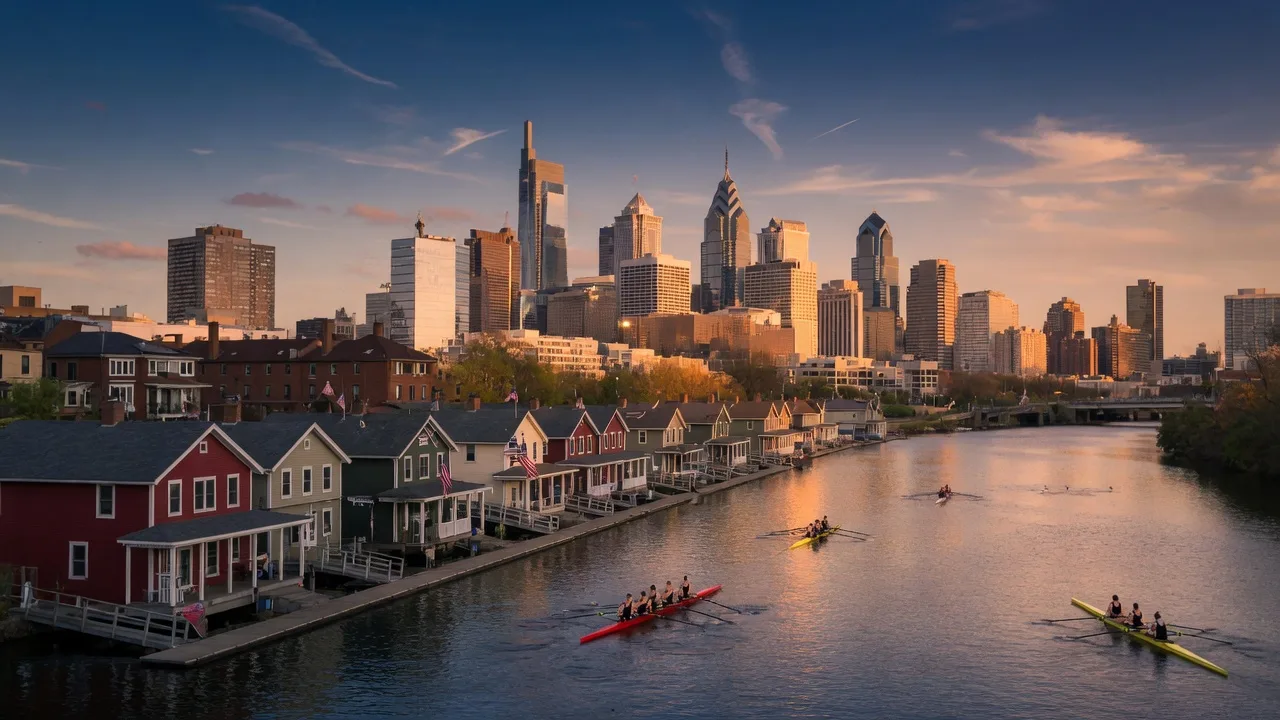 Philadelphia skyline at golden hour from the Schuylkill River