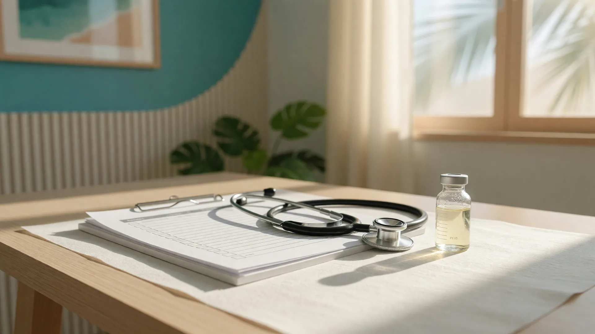 A clipboard with a blank checklist, a stethoscope, and a small glass vial on a bright consultation desk in warm morning light