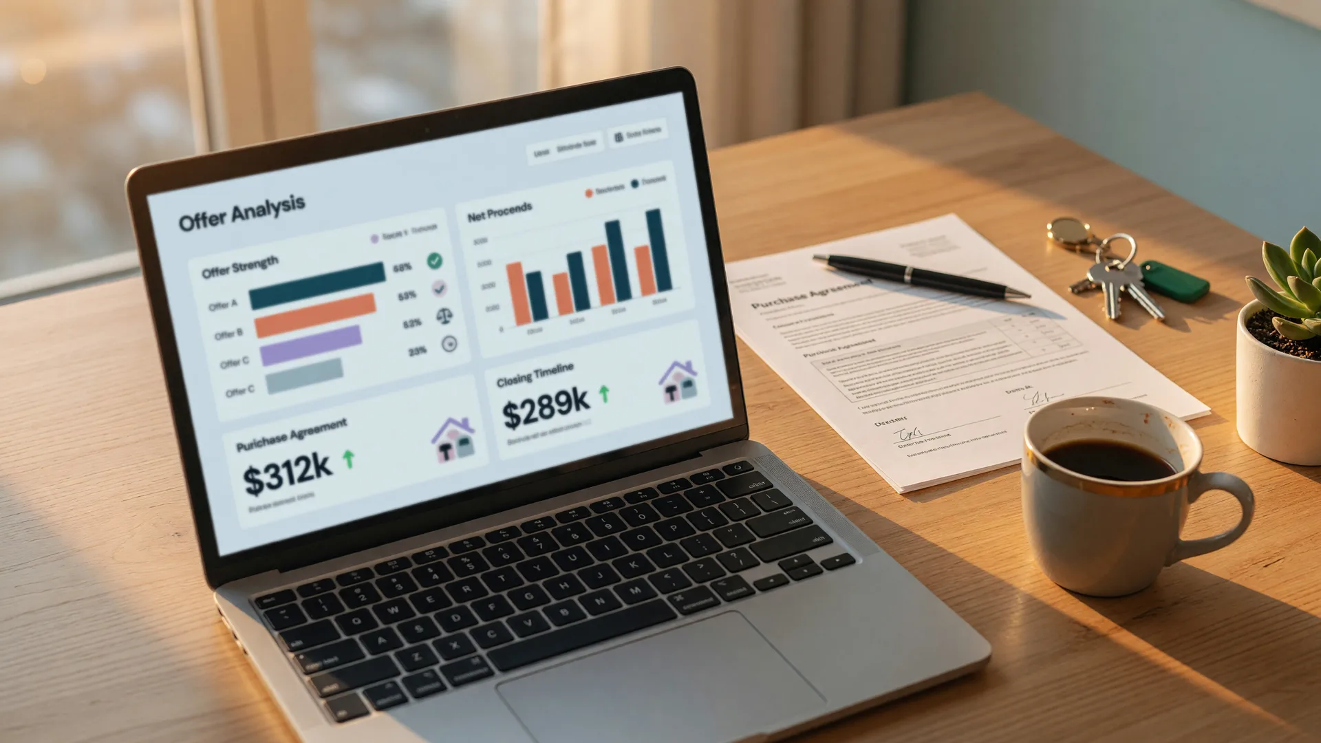 A laptop on an oak desk showing an AI offer-analysis dashboard with comparison charts beside a printed purchase offer document, house keys, and a coffee mug in warm light