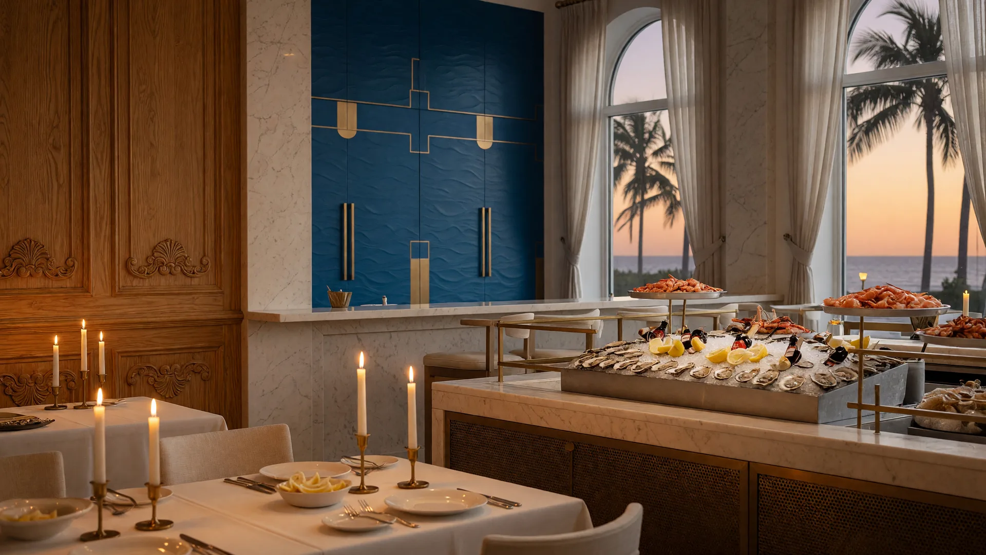 Upscale seafood restaurant interior in Old Naples, Florida with candlelit white tablecloths, an oyster raw bar on crushed ice, deep ocean blue walls, brass details, and palms through tall windows