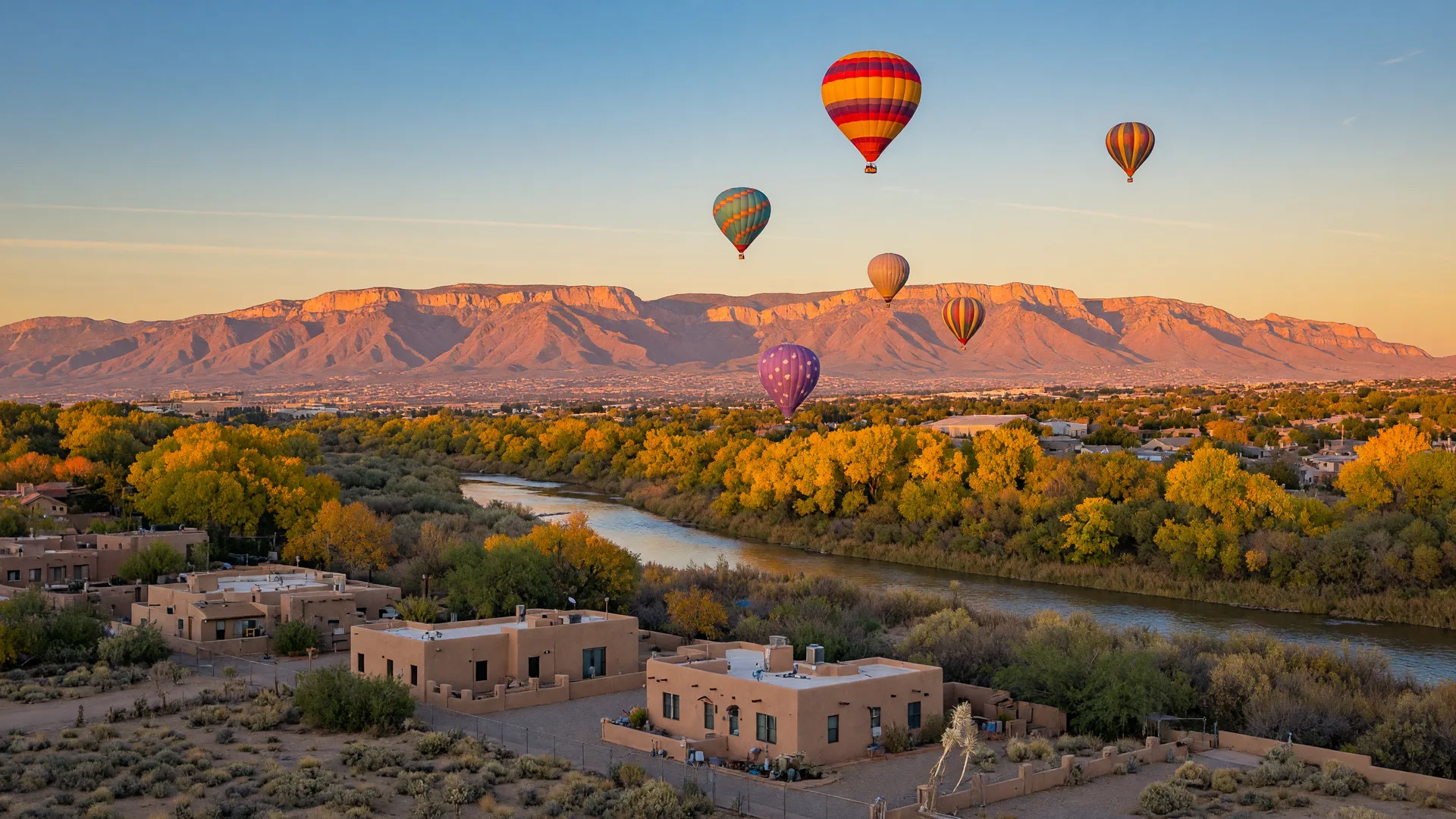 Golden cottonwoods along the Rio Grande with the Sandia Mountains glowing at sunset and hot air balloons drifting in a clear October sky