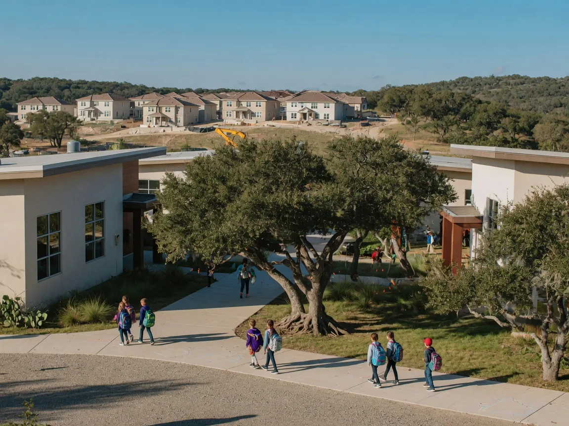Modern elementary school campus in Boerne ISD with students and new residential development in the background.