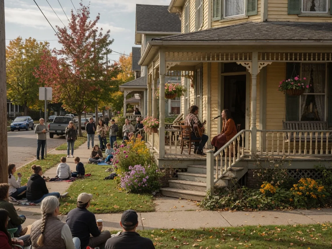 Live acoustic music performance on a front porch with a crowd gathered on the lawn in downtown Campbellford