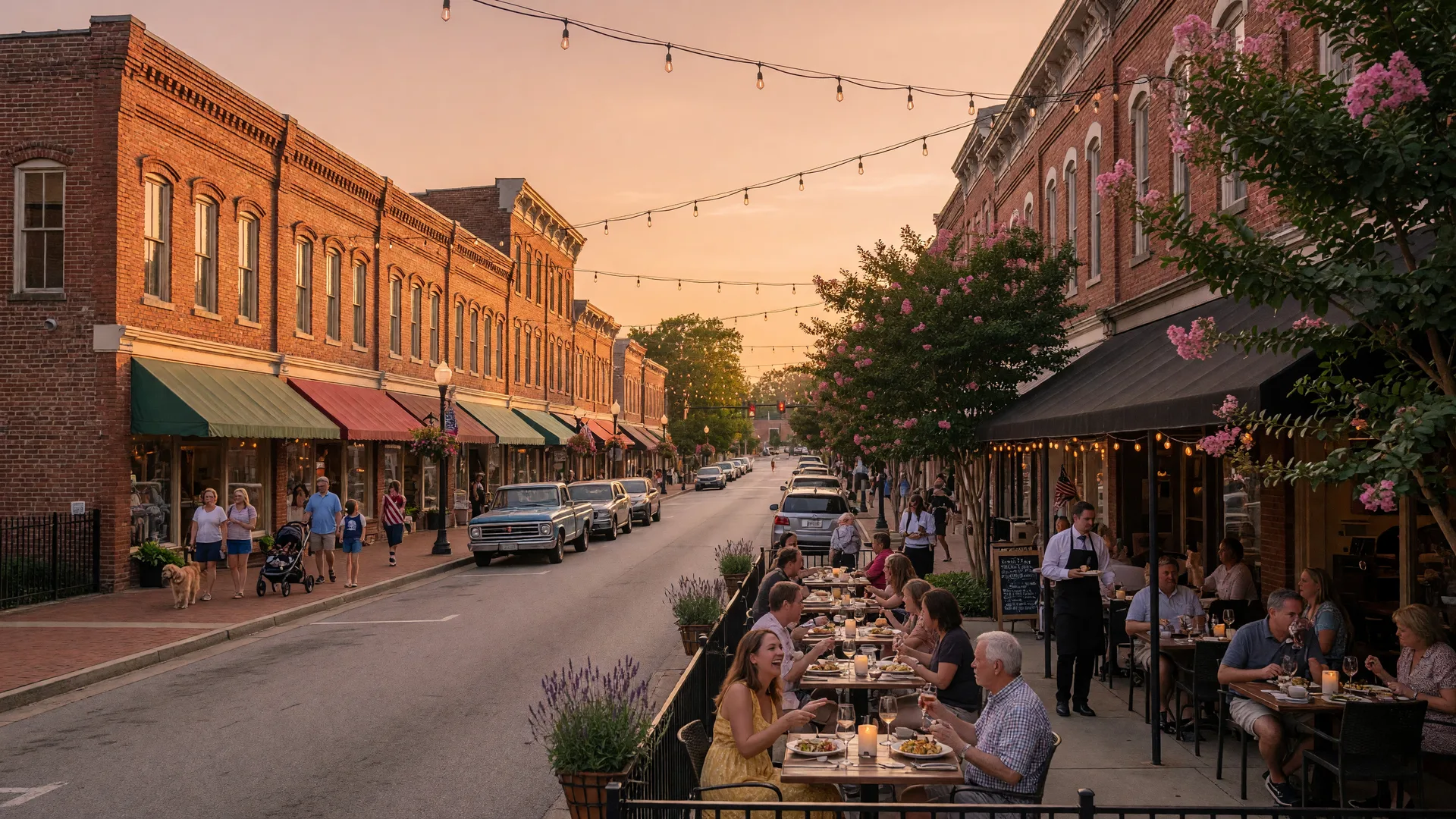 Downtown Woodstock's main street at golden hour with historic brick storefronts, outdoor patio dining, and string lights