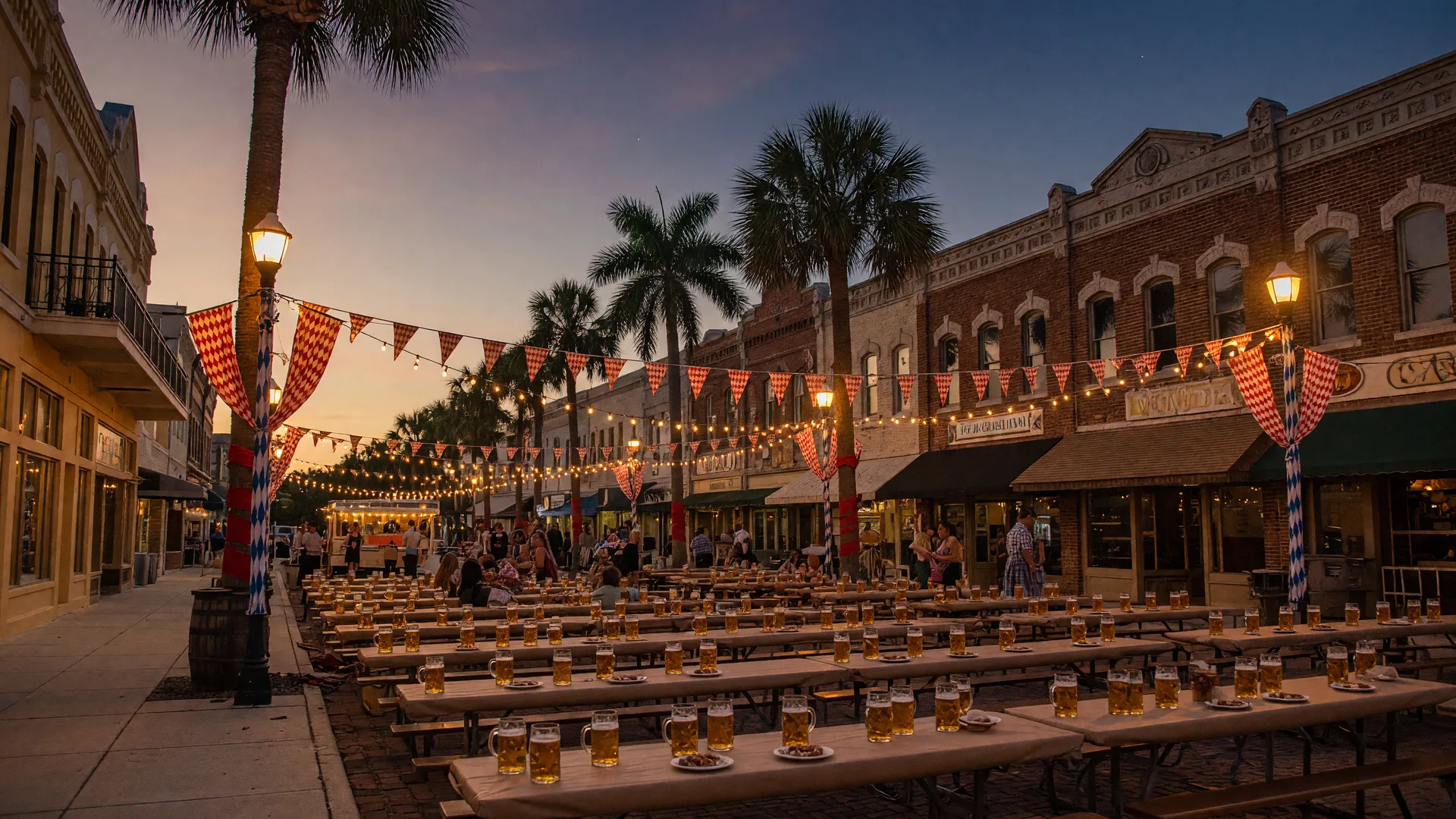 The Fort Myers Oktoberfest in the downtown River District with long tables and string lights beneath palm trees and brick storefronts at dusk
