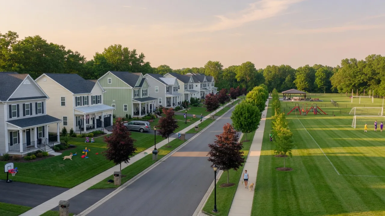 Tree-lined family neighborhood in Warrington, Pennsylvania with colonial-style homes on generous lawns