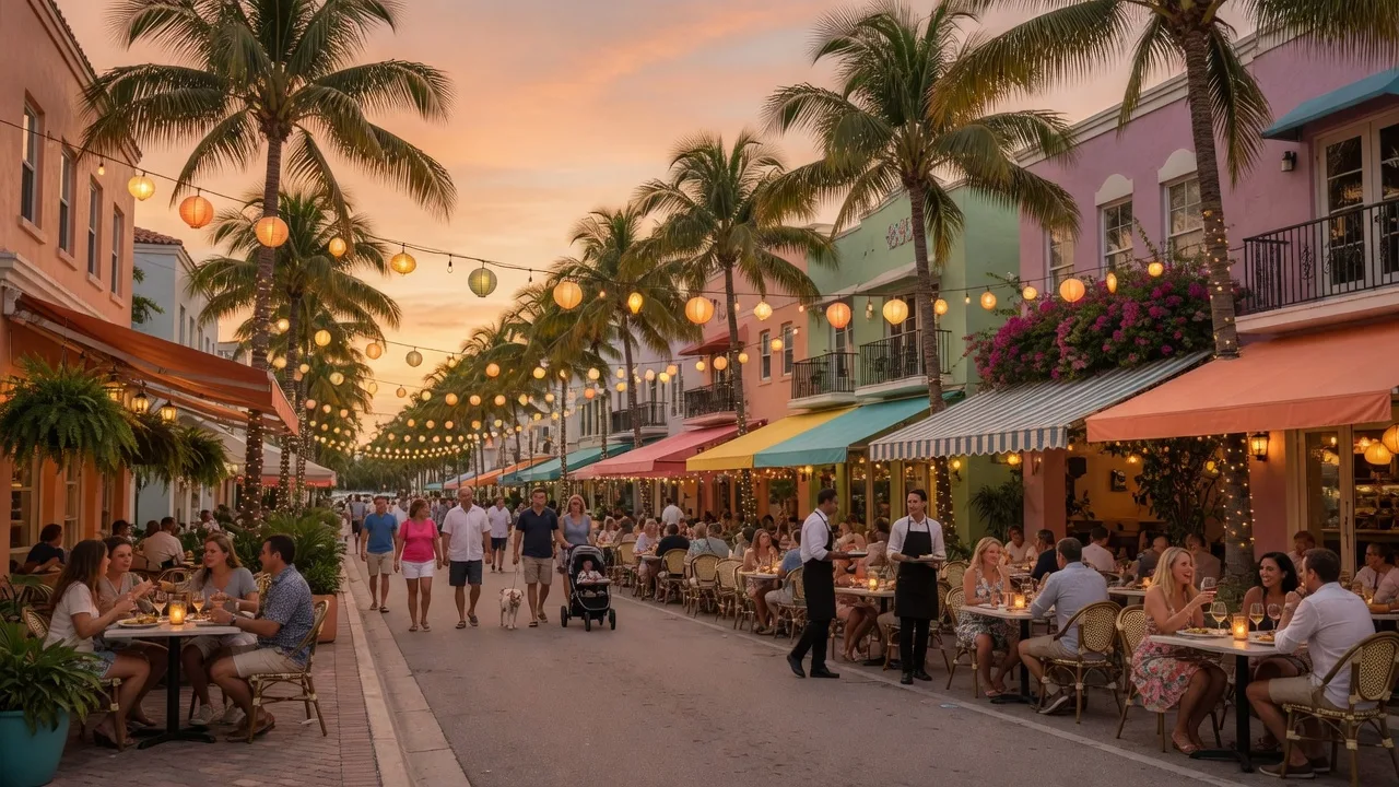 Atlantic Avenue in Delray Beach at golden hour with string lights and outdoor dining
