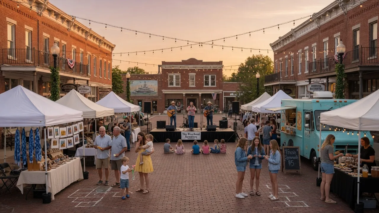 Parkville Final Friday street festival with string lights, vendor booths, and crowds along Main Street in historic downtown Parkville on a warm summer evening