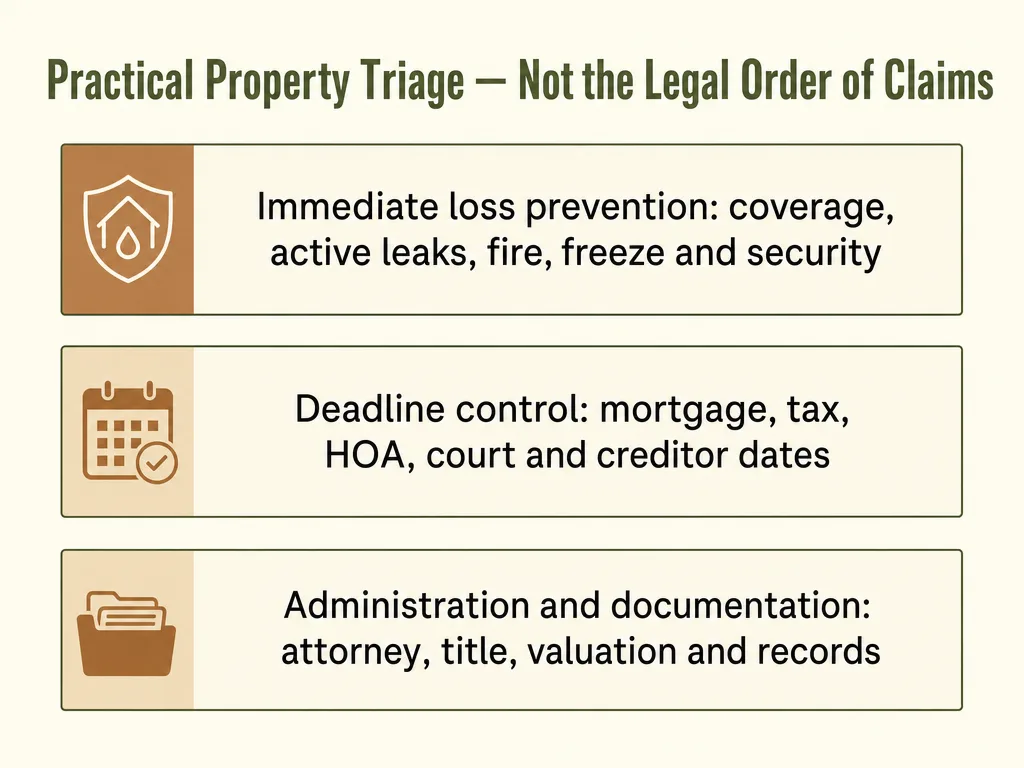 Three unranked property-triage categories: immediate loss prevention, deadline control, and administration and documentation; not the legal order for paying estate claims