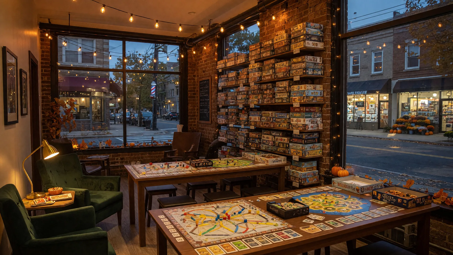 The warm interior of a planned board game lounge with long wooden tables of open games, floor-to-ceiling shelves of game boxes, cozy reading nooks, and string lights over a small New Jersey downtown street at dusk