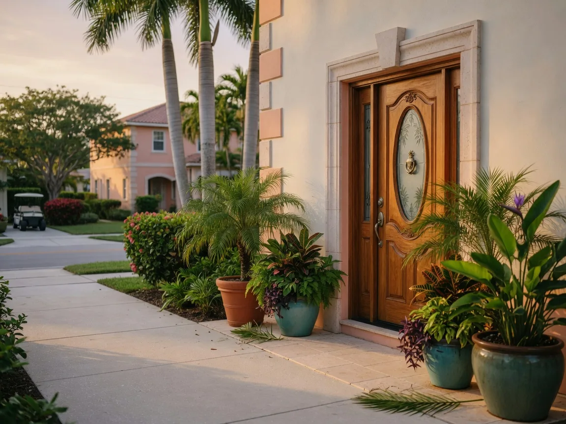 Welcoming front entrance of a Florida home with a warm wood door, keystone accents, and tropical planters