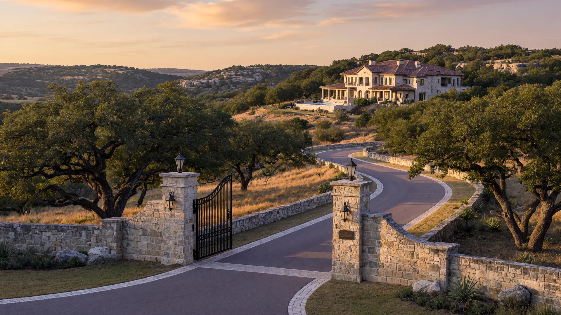 Gated luxury community entrance and homes in Anaqua Springs, Boerne Texas