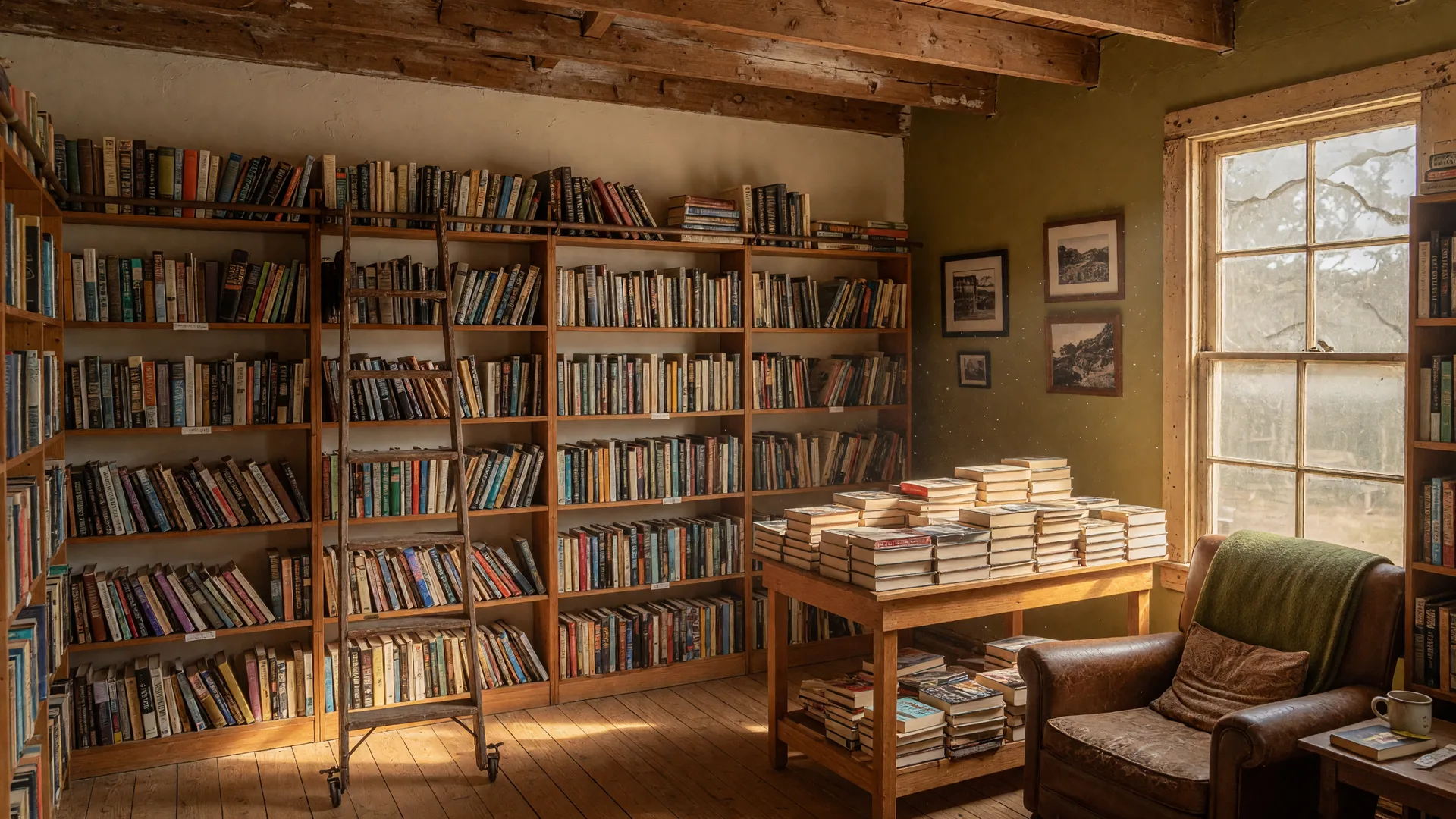 A cozy independent bookstore interior with floor-to-ceiling wooden bookshelves, a reading nook by a window, and warm golden afternoon light