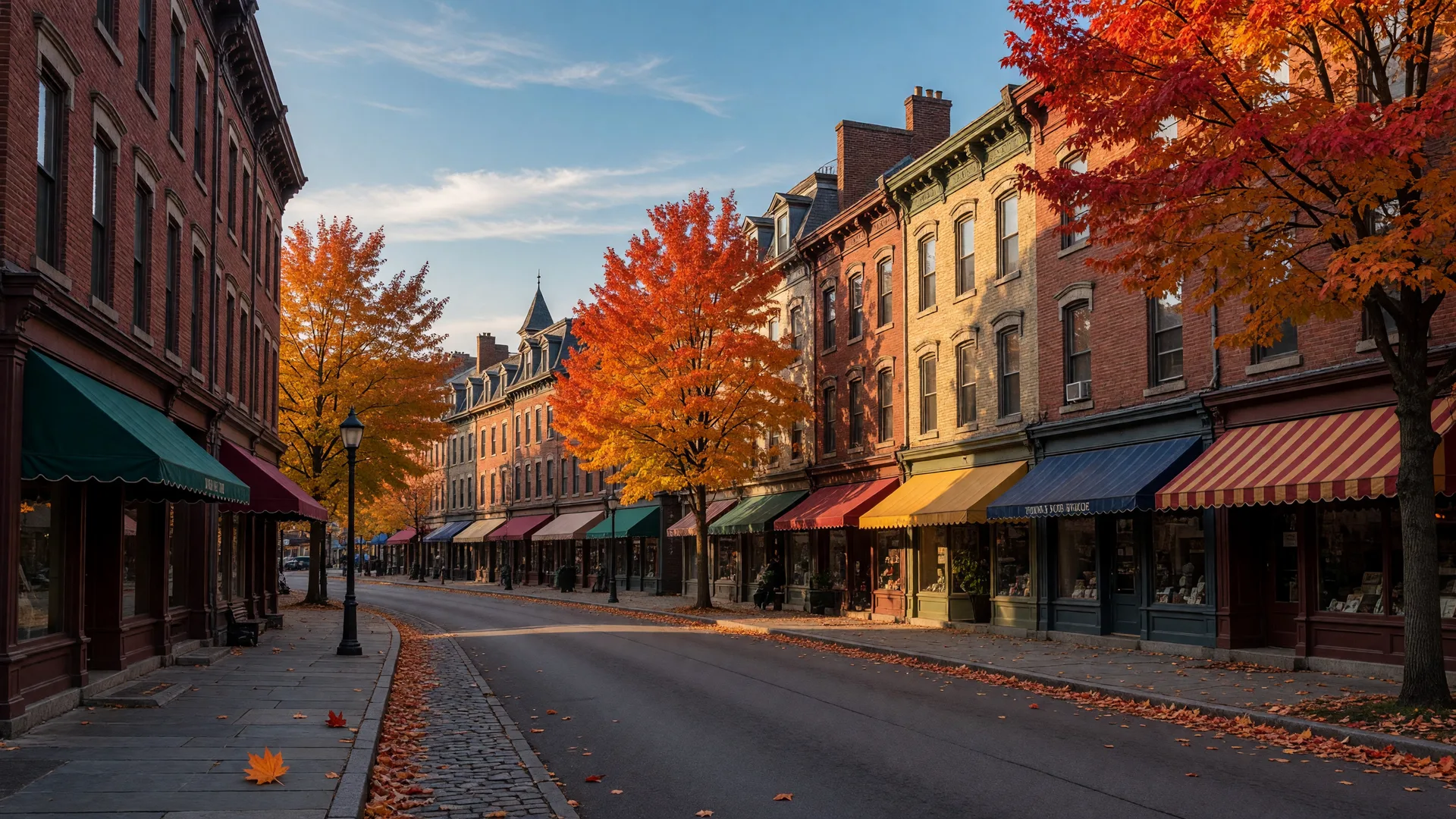 Mid-October foliage over the Victorian brick storefronts of Historic Downtown Jim Thorpe, with maple trees in peak orange and red in golden afternoon light