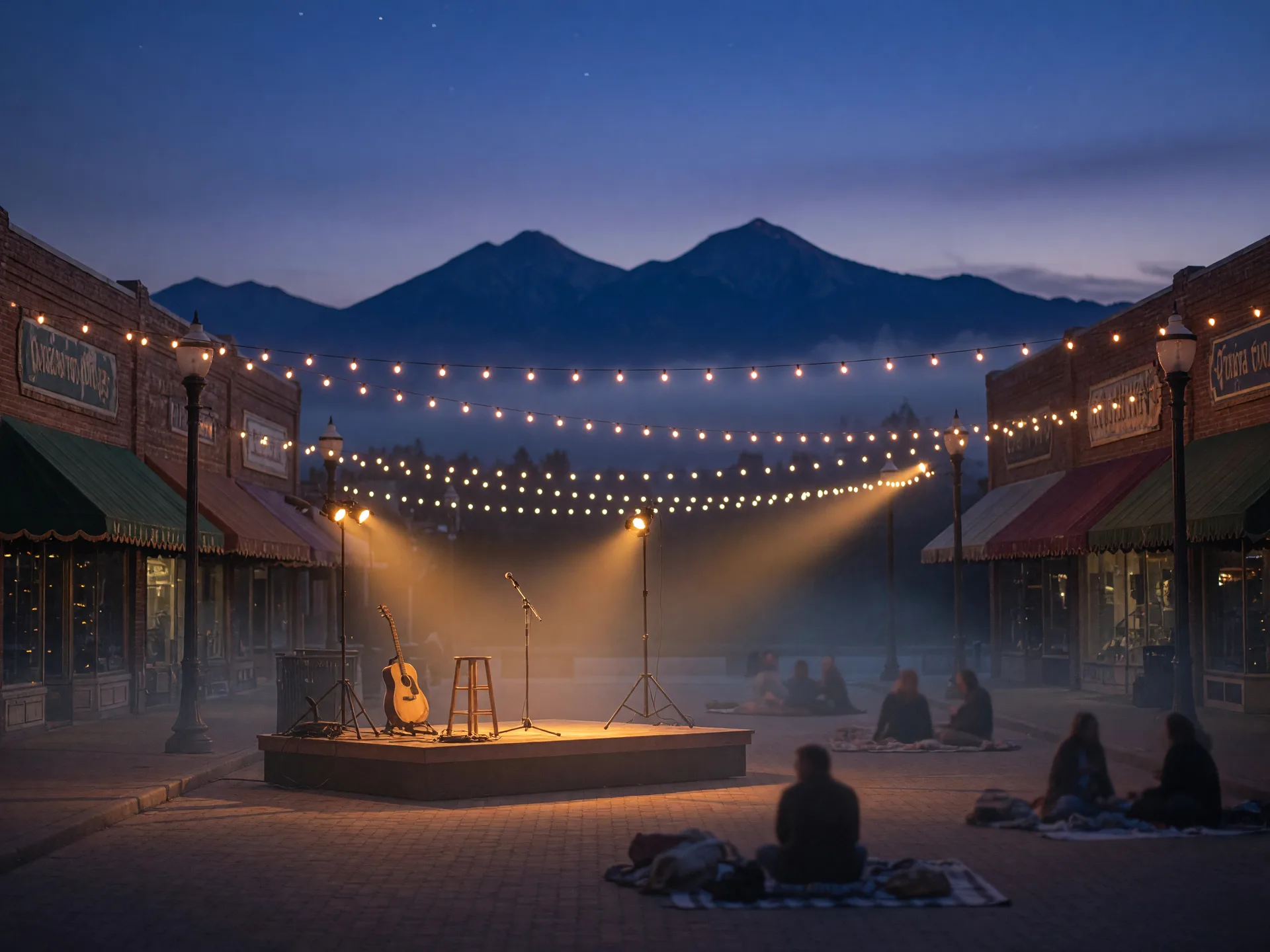An outdoor acoustic concert on the downtown square at dusk under string lights