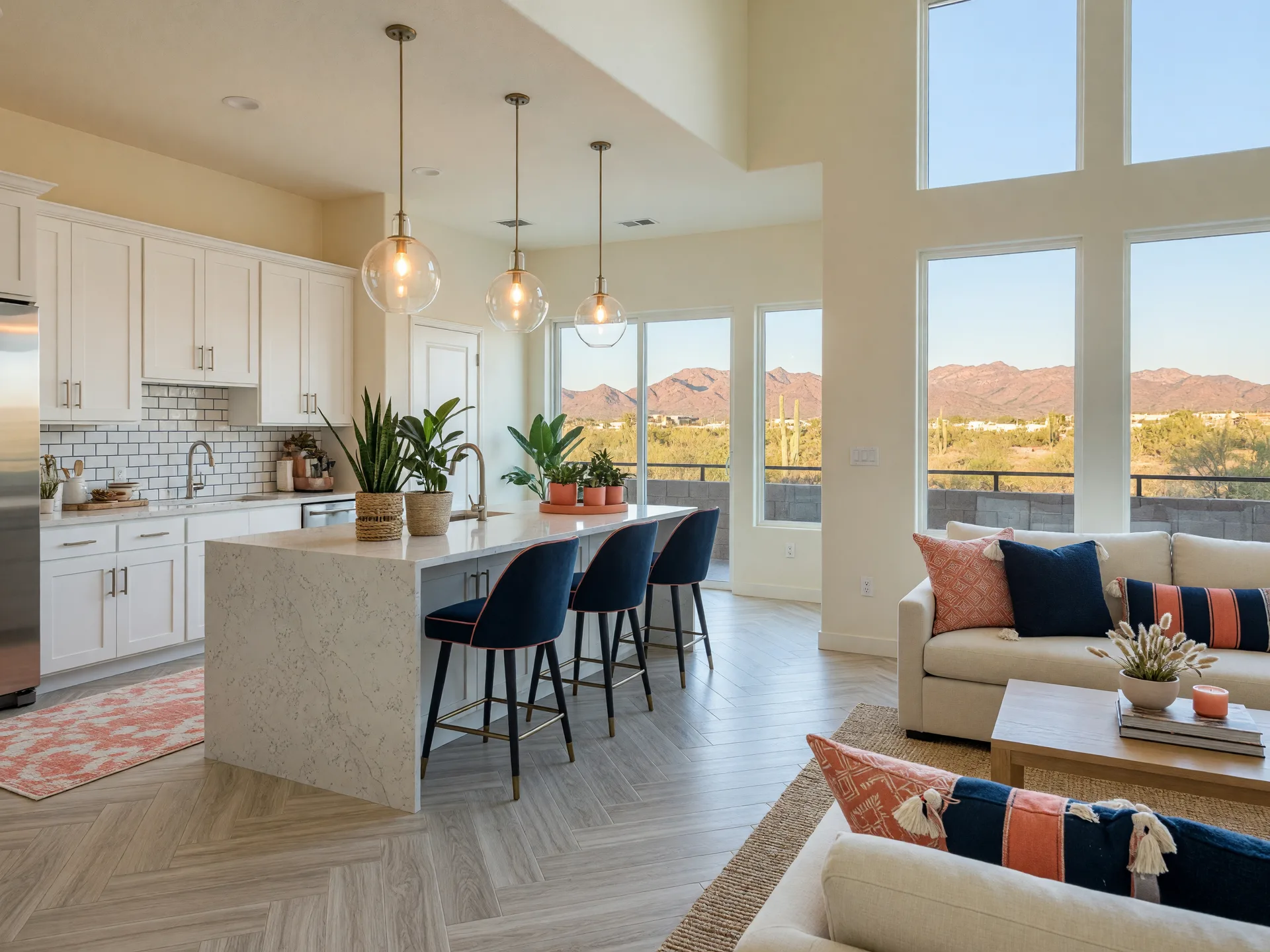 Bright model home interior with white shaker cabinets, quartz island, and desert views