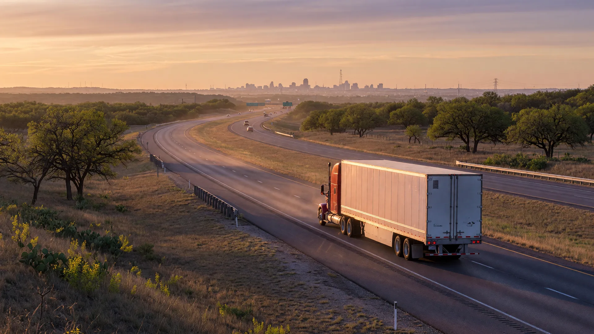 A loaded moving truck driving south on Interstate 35 through open Central Texas grassland at golden hour