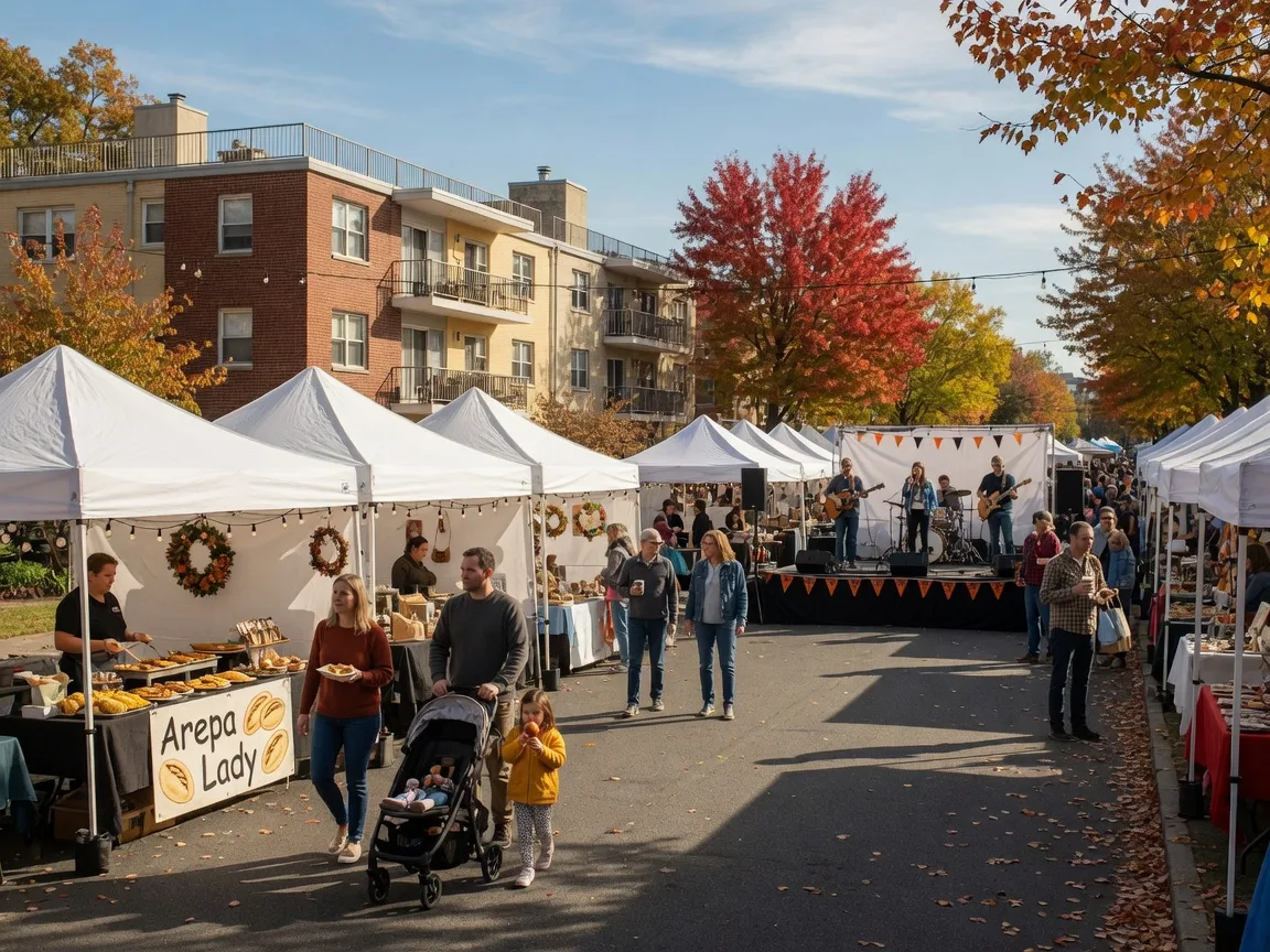 Neighborhood street festival along Columbia Pike in the city of Arlington, Virginia on a sunny October afternoon, white vendor tents lining the avenue near Penrose Square, a live music stage in the distance, and autumn trees with red and gold leaves behind mid-century apartment buildings