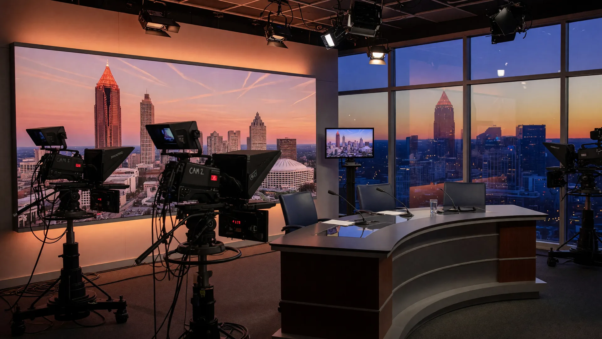 Atlanta television news studio with broadcast cameras and golden hour skyline backdrop