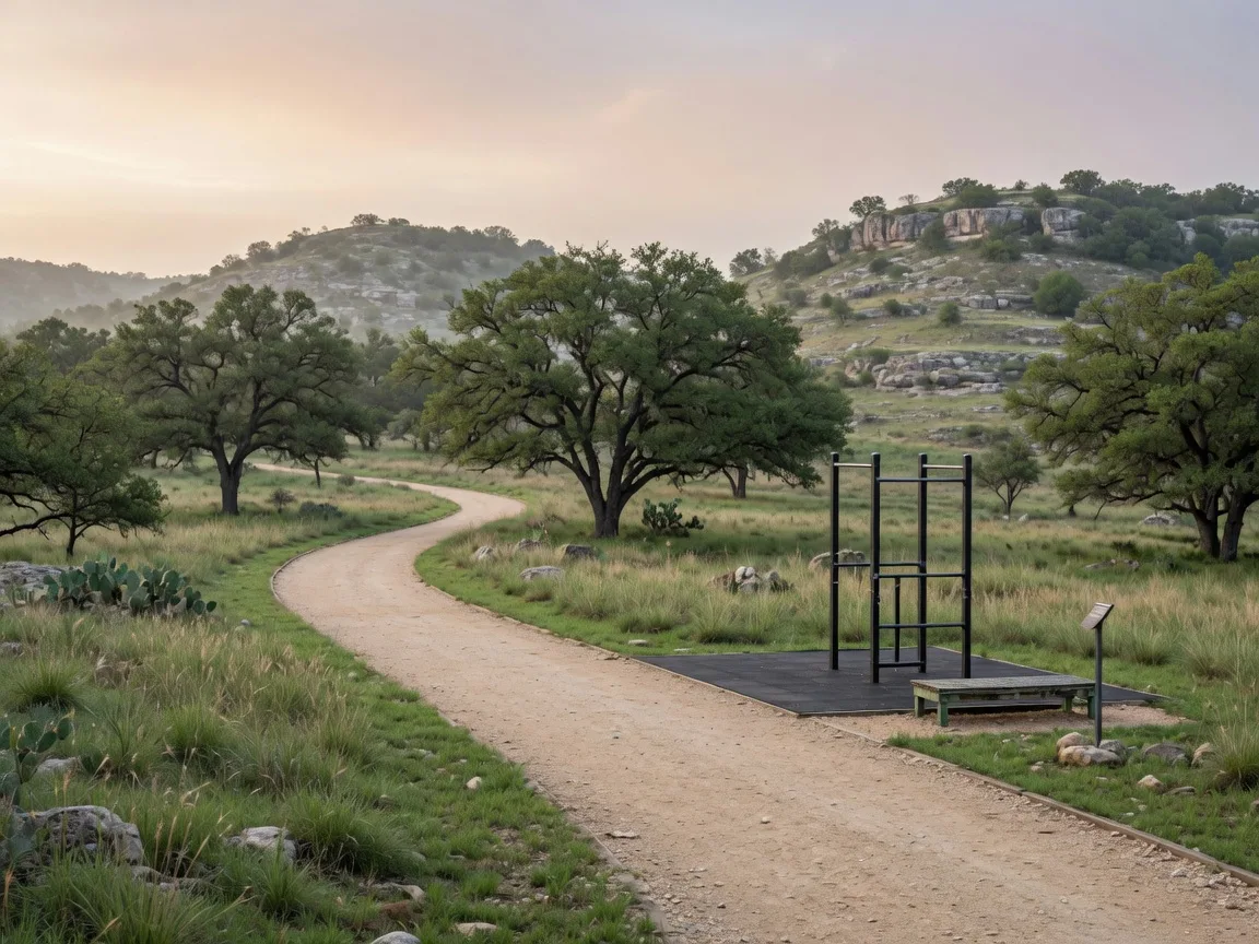 Walking trail through greenbelt open space with a fitness station beside the path in a Texas Hill Country community