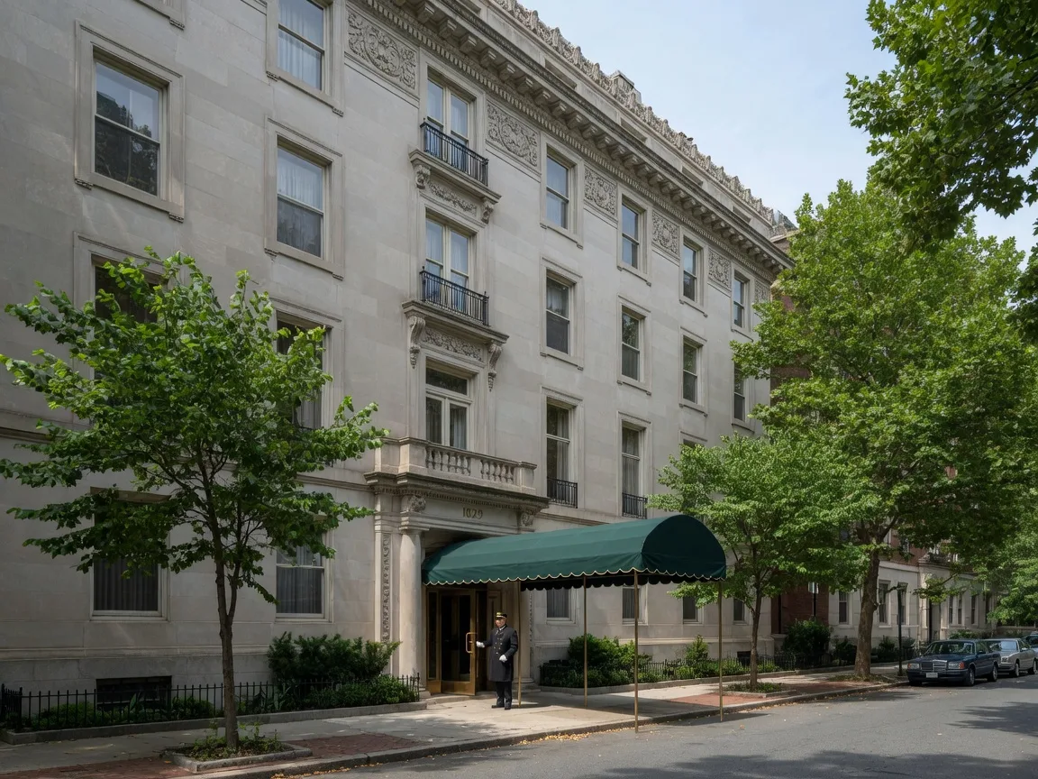Historic pre-war limestone apartment building in Rittenhouse Square with doorman