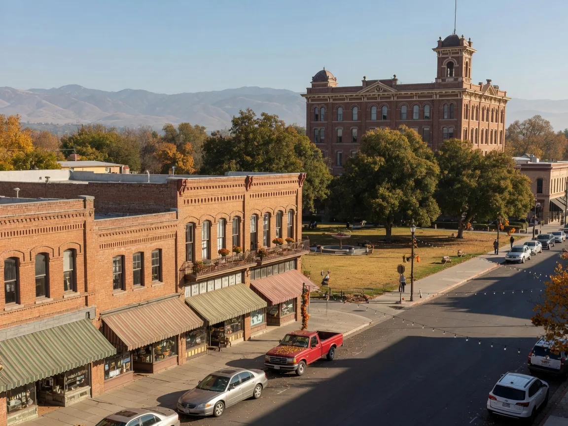 Historic downtown Merced on a sunny late-October morning, early-1900s brick storefronts with restored awnings, a green park square with an ornate 1870s public building beyond its trees, string lights along the sidewalk, and the Sierra Nevada foothills hazy in the distance