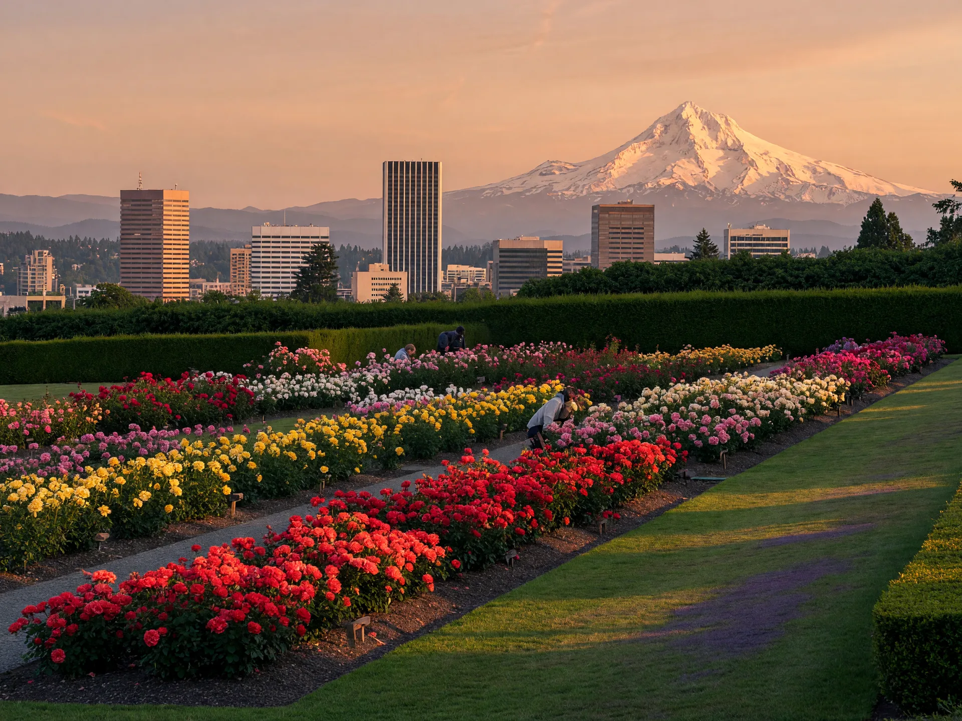 Rows of roses in bloom at the International Rose Test Garden with the downtown skyline and Mount Hood in the distance