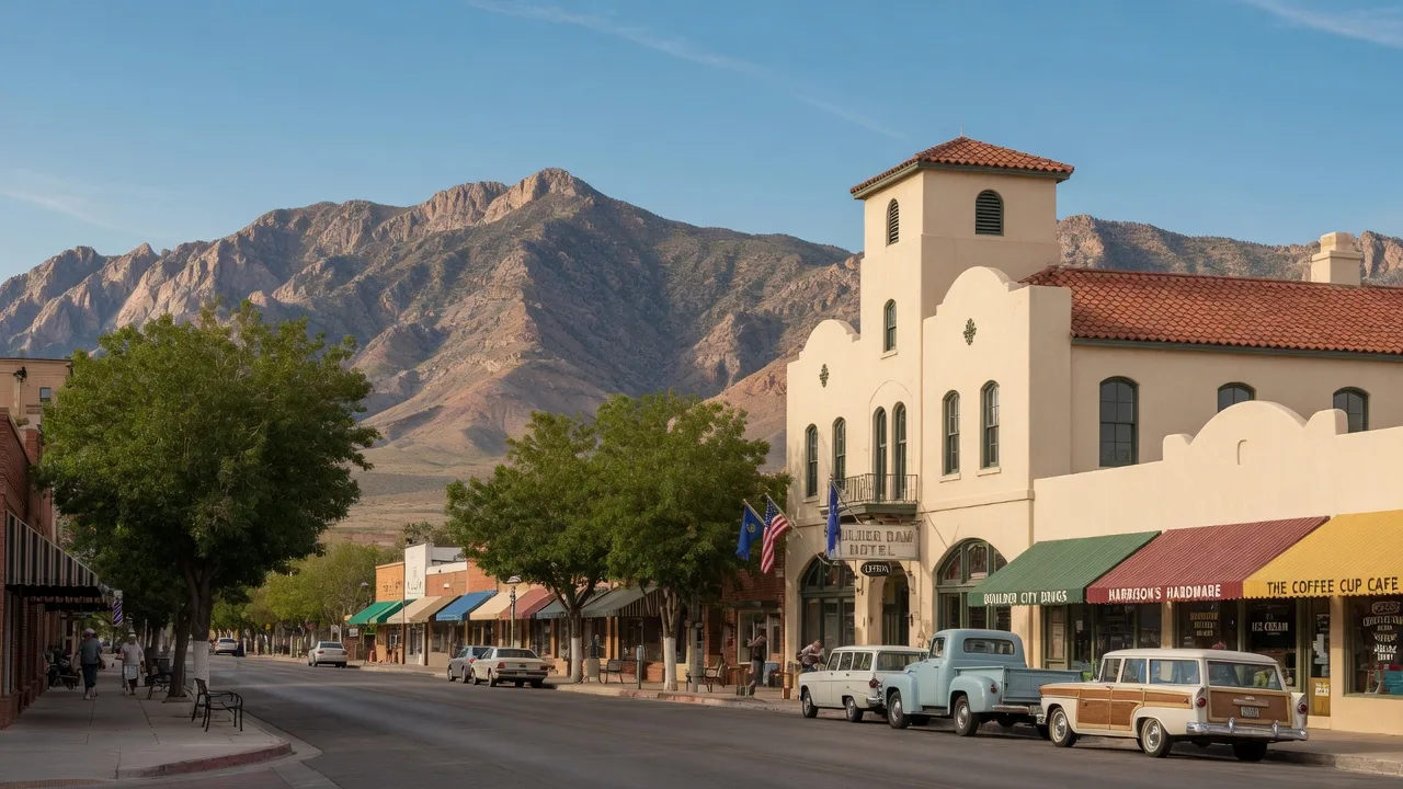 Boulder City historic downtown with the Boulder Dam Hotel, Nevada Way vintage storefronts, mature trees, and the Eldorado Mountains under a clear blue sky