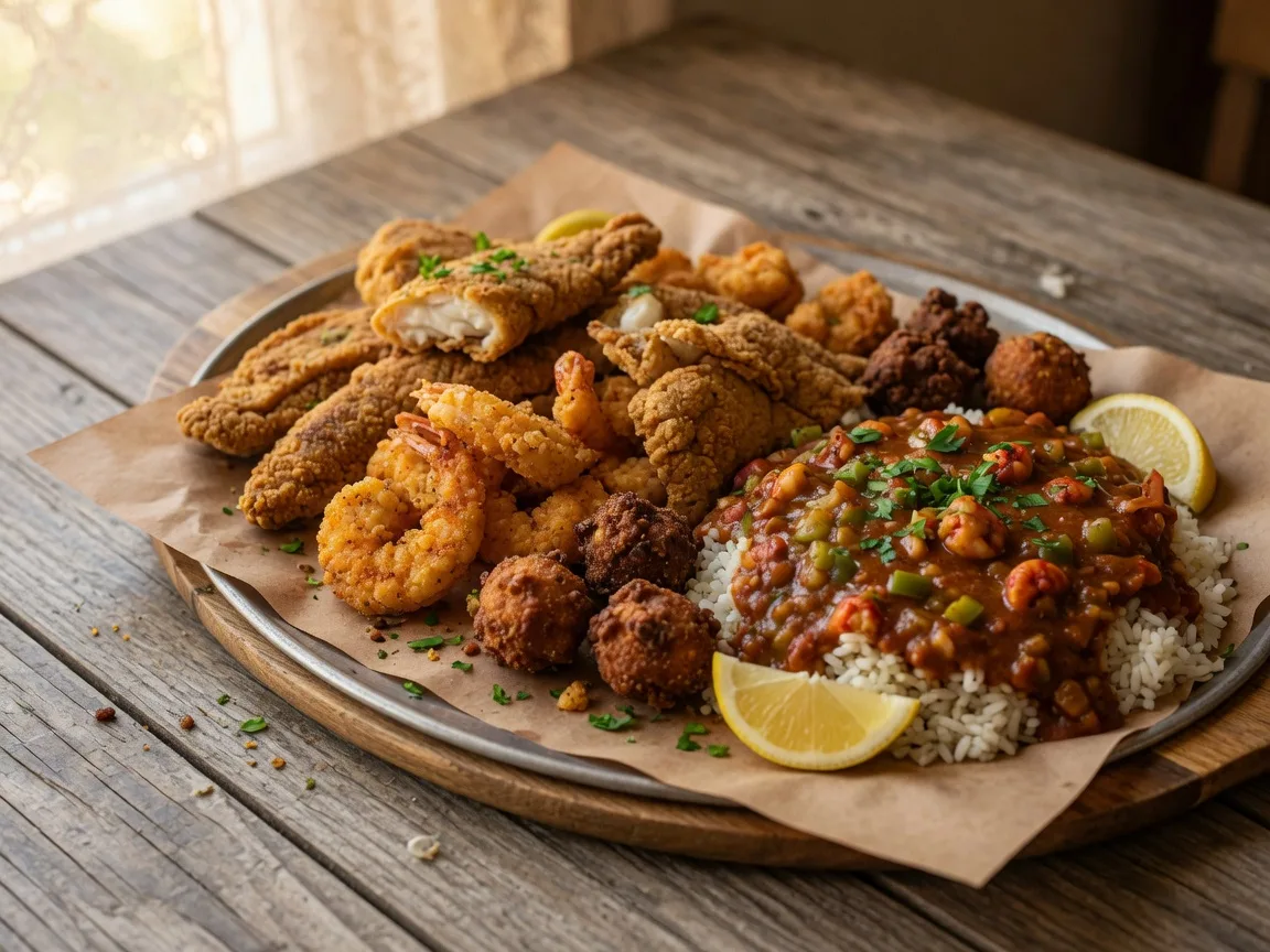 Cajun seafood platter with fried catfish, shrimp, hushpuppies, and crawfish étouffée
