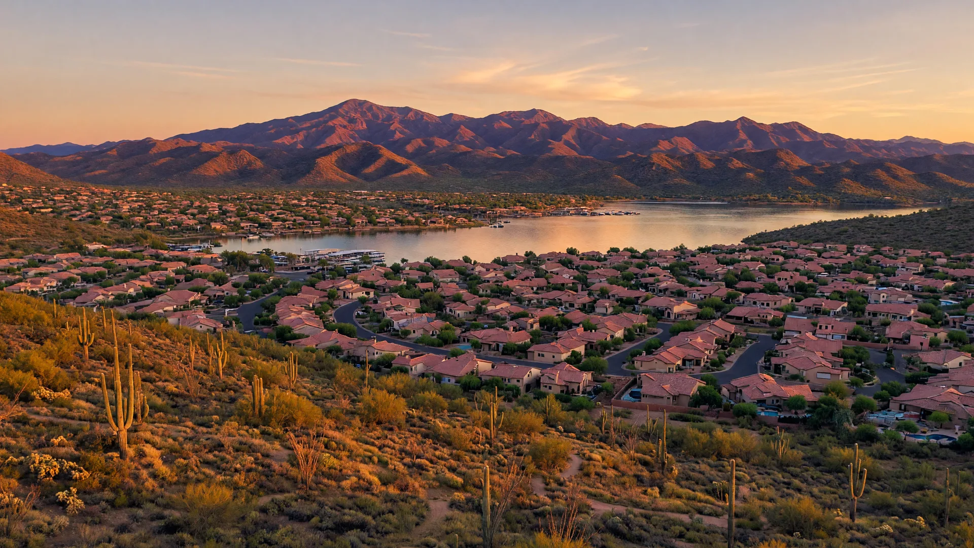 Golden hour view of north Peoria, Arizona, with Lake Pleasant and the Bradshaw Mountains on the horizon