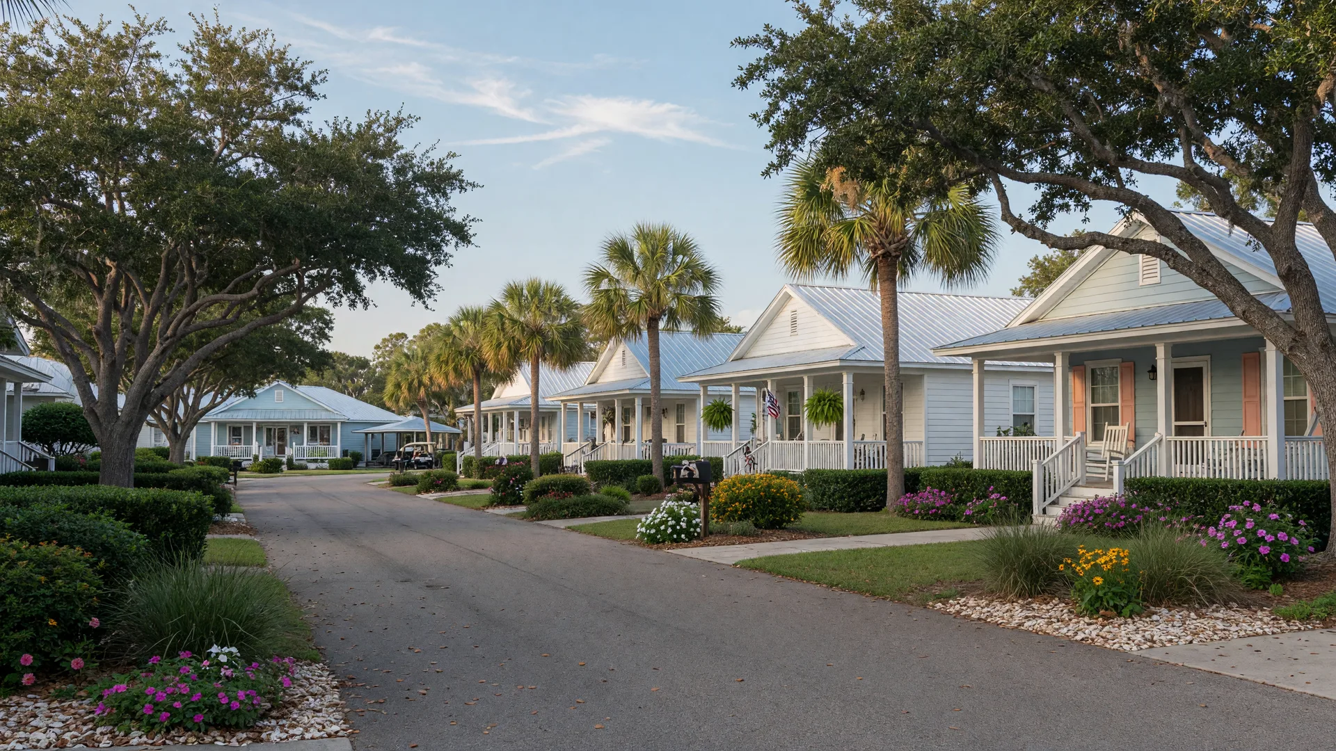 Quiet street in a coastal active adult neighborhood near Orange Beach, with single-story homes, live oaks, and palm trees in soft morning light