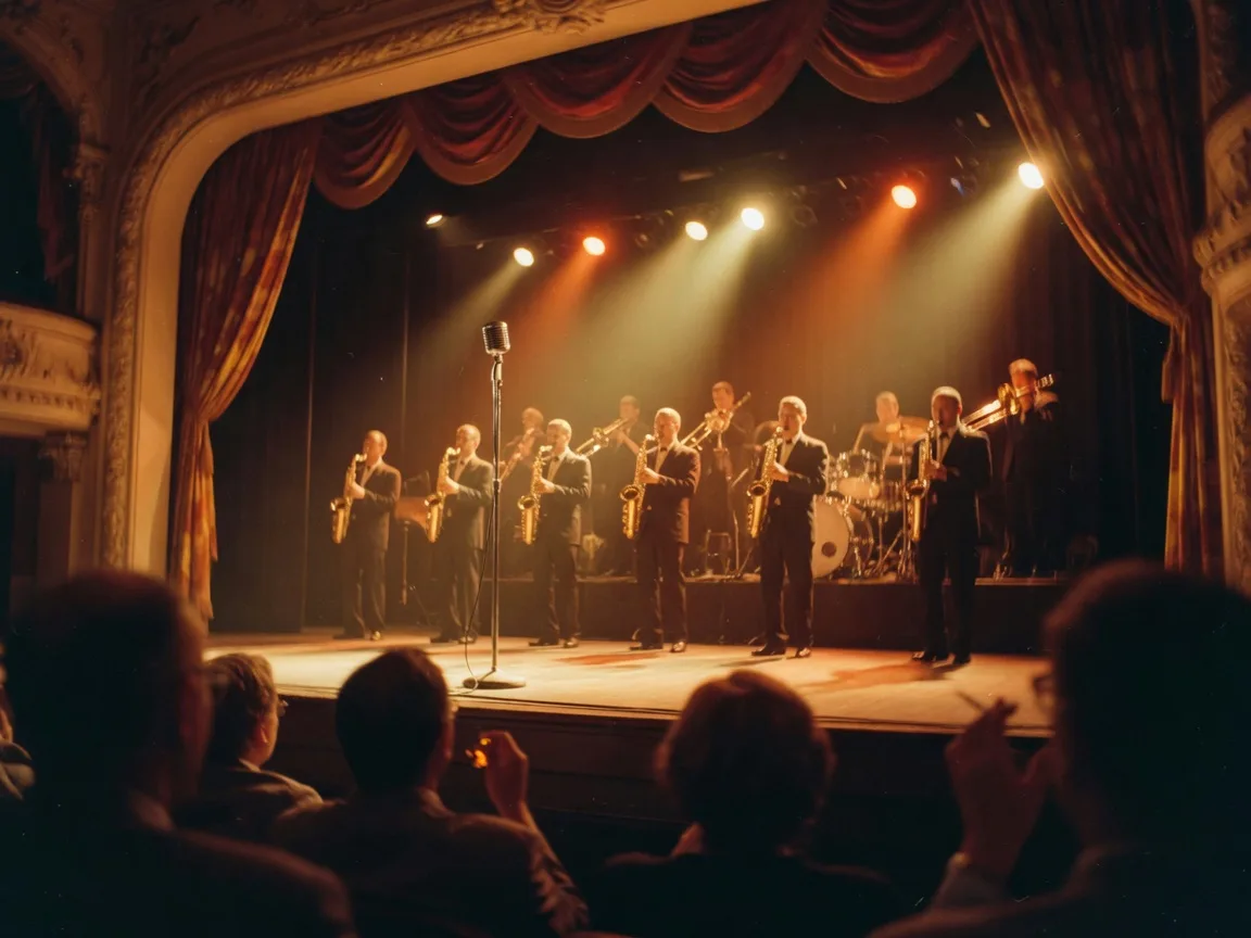 A vintage big band orchestra on a historic theatre stage with gleaming brass saxophones and trumpets catching warm amber stage light, the audience silhouetted in the foreground in a warm nostalgic glow