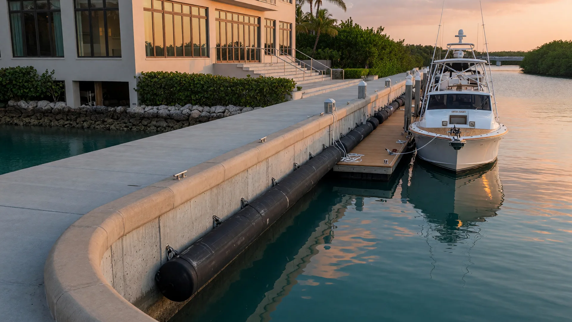 Premium concrete seawall in the Florida Keys at golden hour with a luxury waterfront estate and sportfishing yacht at dock