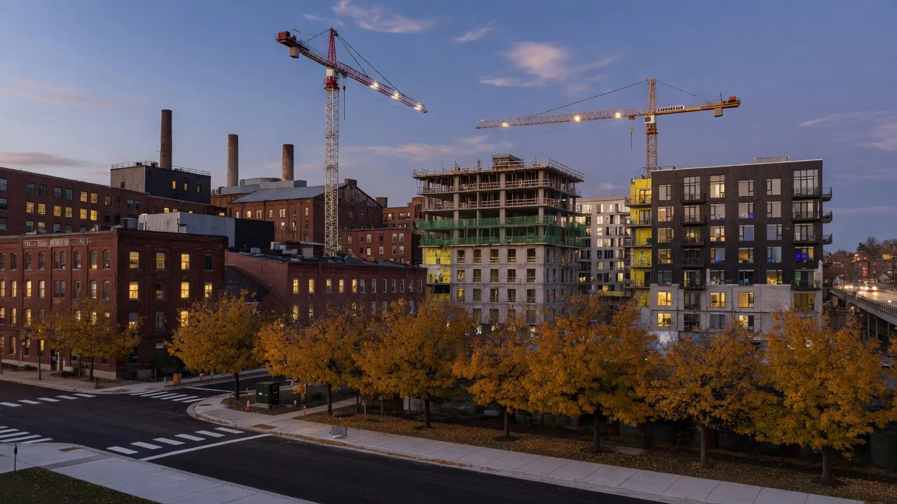Lehigh Valley city skyline at dusk with construction cranes above red-brick industrial buildings and new mid-rise construction, autumn trees along the foreground street